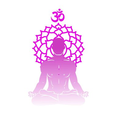 Meditasyon yapan adamın silueti ve beyaz arka planda Sahasrara 'nın (taç çakrası) sembolü.
