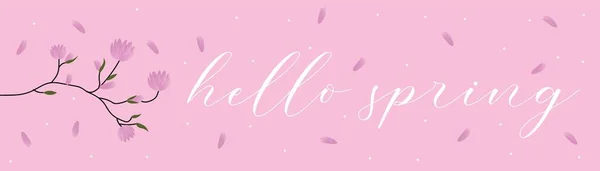 Banner Kvetoucí Větví Textem Hello Spring Růžovém Pozadí — Stockový vektor