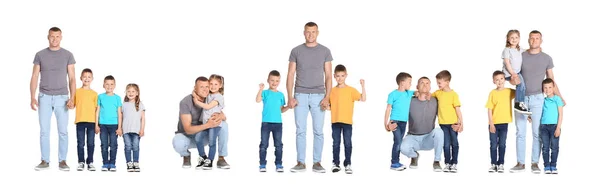 Collage Van Gelukkige Vader Zijn Kleine Kinderen Witte Achtergrond — Stockfoto