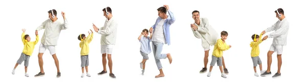 Collage Happy Father His Little Son Listening Music White Background — Stock Photo, Image