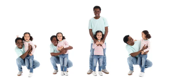 Zestaw Szczęśliwego Afroamerykańskiego Ojca Jego Córeczki Białym Tle — Zdjęcie stockowe
