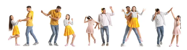 Collage Padre Feliz Pequeña Hija Escuchando Música Sobre Fondo Blanco —  Fotos de Stock