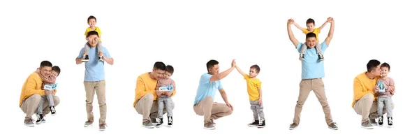 Collage Van Gelukkig Aziatische Vader Zijn Kleine Zoon Witte Achtergrond — Stockfoto