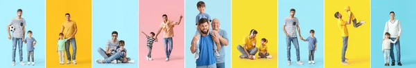 Collage Padres Felices Sus Hijos Sobre Fondo Color —  Fotos de Stock