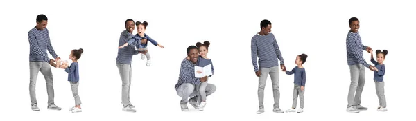 Koláž Šťastný Afroamerický Otec Jeho Malá Dcera Bílém Pozadí — Stock fotografie
