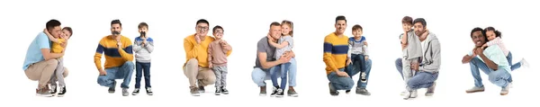 Uppsättning Lyckliga Fäder Och Deras Små Barn Vit Bakgrund — Stockfoto