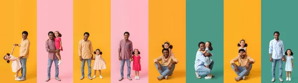 美国黑人快乐的父亲和他的小女儿在色彩背景上的大学生活 — 图库照片