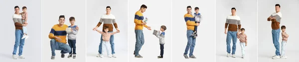 Collage Van Gelukkige Vader Zijn Kleine Zoon Lichte Achtergrond — Stockfoto