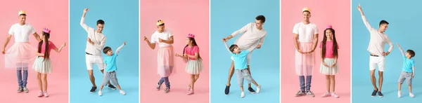 Colagem Pais Felizes Seus Filhos Pequenos Fundos Azuis Rosa — Fotografia de Stock