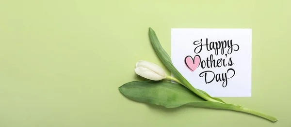 stock image Card with text HAPPY MOTHER'S DAY and tulip on green background with space for text