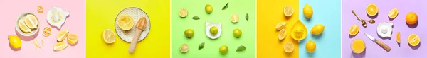 Collage Different Citrus Fruits Juicers Color Background Top View — Stock Photo, Image