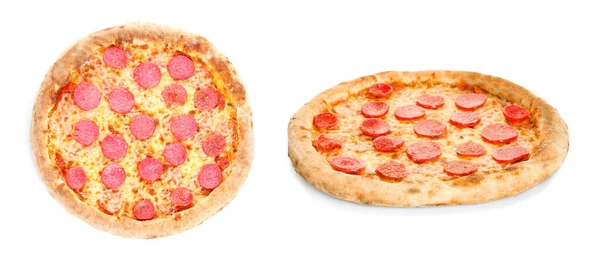 Välsmakande Pizza Med Pepperoni Vit Bakgrund — Stockfoto
