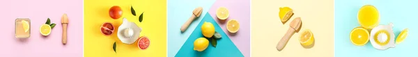 Collage Med Olika Citrusfrukter Och Juicers Färg Bakgrund Ovanifrån — Stockfoto