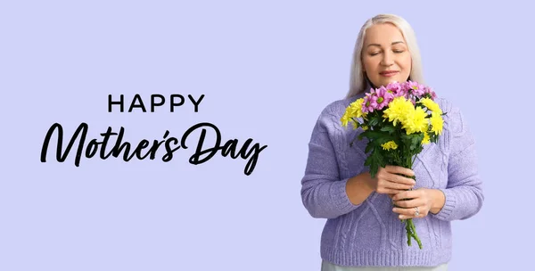 Mature Woman Holding Bouquet Beautiful Flowers Lilac Background Mother Day — Stock Photo, Image