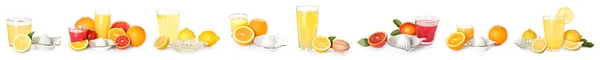 Set Juicers Beverages Different Citrus Fruits White Background — Stock Photo, Image