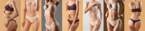 Collage Med Unga Kvinnor Underkläder Färg Bakgrund — Stockfoto