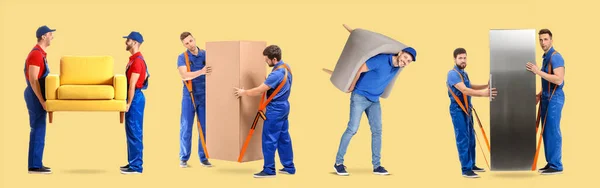 Set of loaders carrying furniture on yellow background