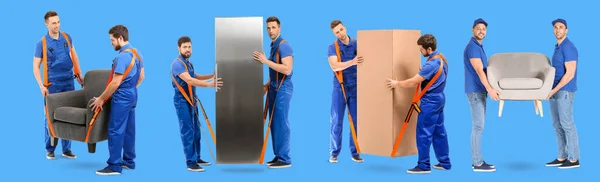 Set Loaders Carrying Furniture Blue Background — Stock Photo, Image