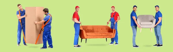 Set of loaders carrying furniture on green background