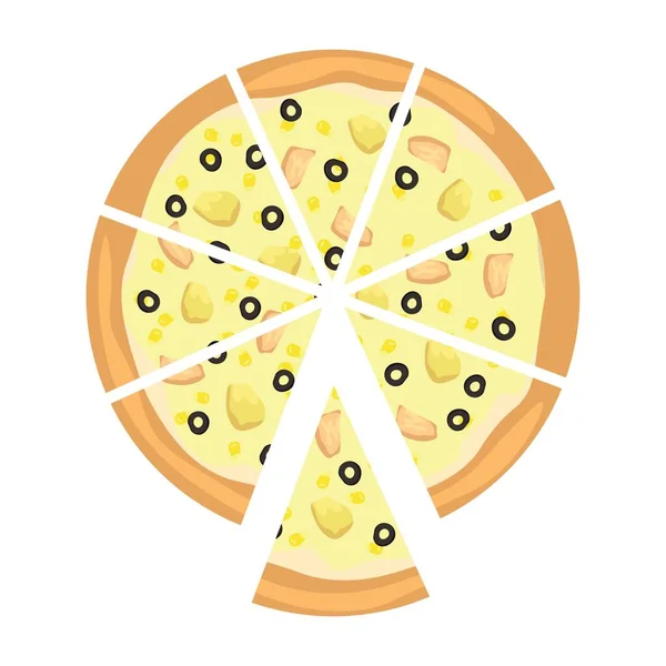 Delicious Cut Pizza Olives White Background Top View — Stock Vector