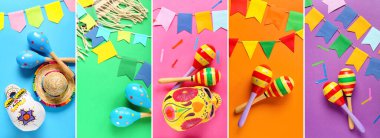 Renkli arkaplanda farklı Meksika sembolleri olan kolaj