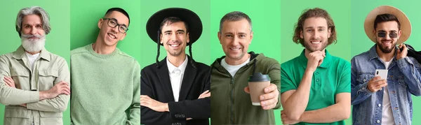 Collage Van Verschillende Moderne Mannen Groene Achtergrond — Stockfoto