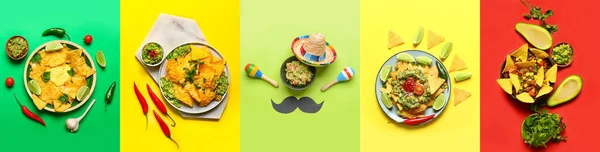 Коллаж Традиционных Мексиканских Блюд Цветном Фоне — стоковое фото