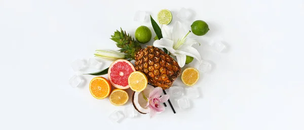 Summer Composition Tropical Fruits Flowers Ice Cubes White Background — Stock Photo, Image