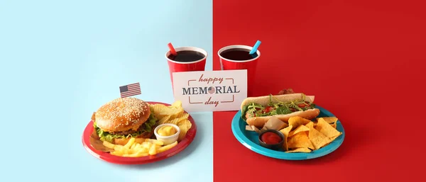 Amerikanisches Fast Food Und Glückwunschkarte Zum Happy Memorial Day Auf — Stockfoto