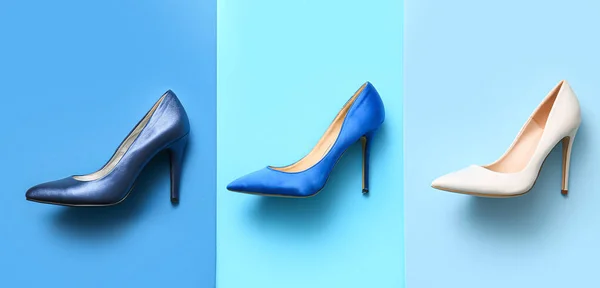 Fashionable High Heeled Shoes Blue Background — Stock Photo, Image