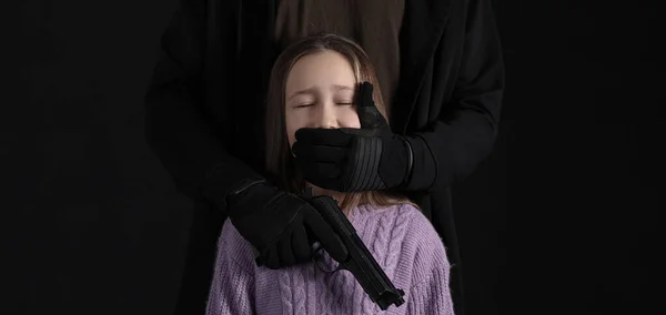 Terrorist Scared Little Hostage Dark Background —  Fotos de Stock
