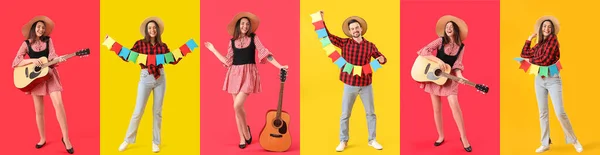 Collage Feliz Mujer Hombre Sobre Fondos Amarillos Rojos Festa Junina — Foto de Stock
