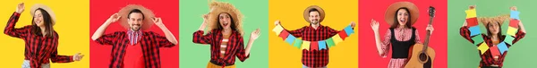 Collage Von Glücklicher Frau Und Mann Auf Farbigem Hintergrund Fest — Stockfoto