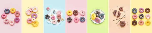 Collage Met Veel Zoete Donuts Kleurrijke Achtergrond Bovenaanzicht — Stockfoto