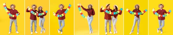 Collage Van Gelukkige Vrouw Man Gele Achtergrond Festa Junina Juni — Stockfoto