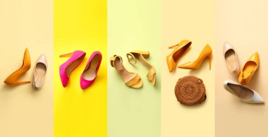 Renkli arka planda şık topuklu ayakkabılar ve çanta ile kolaj
