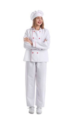 Female baker in uniform on white background