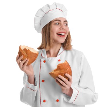 Female baker with fresh bread on white background