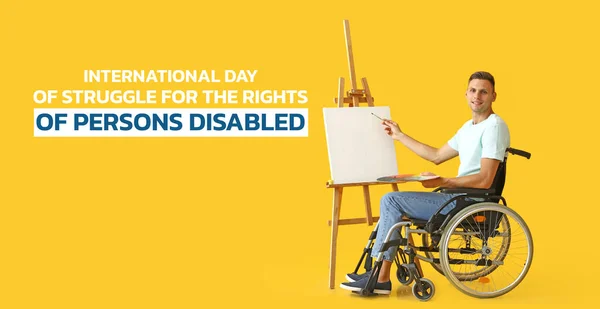 Baner Międzynarodowy Dzień Walki Prawa Osób Niepełnosprawnych Malarzem Wózku Inwalidzkim — Zdjęcie stockowe