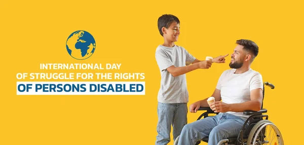 Banner for International Day of Struggle for the Rights of Persons Disabled with man in wheelchair and his son