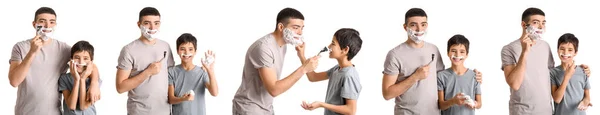 Vater Und Sein Kleiner Sohn Rasieren Sich Vor Weißem Hintergrund — Stockfoto