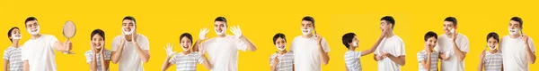 Set Man His Little Son Shaving Foam Faces Yellow Background — Stock Photo, Image
