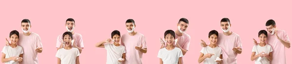 Set Man His Little Son Shaving Foam Faces Pink Background — Stock Photo, Image