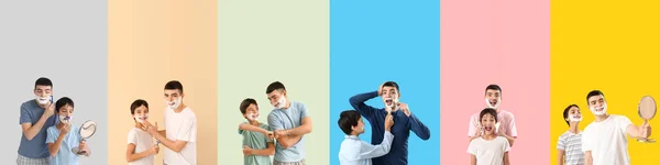 Set Father His Little Son Shaving Color Background — Stock Photo, Image