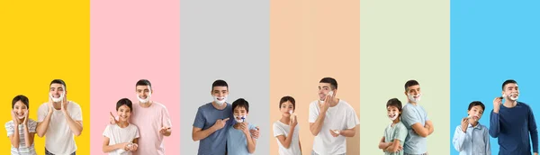 一套父亲和他的小儿子在彩色背景下刮胡子的衣服 — 图库照片