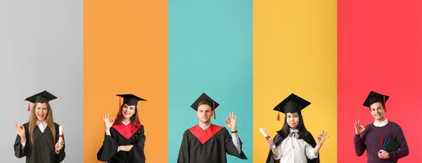 一组在色彩背景上表现得不错的毕业生 — 图库照片