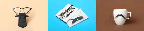 Babalar Günü Için Kolaj Bardak Gözlük Kravat Zarf Bıyıkla — Stok fotoğraf