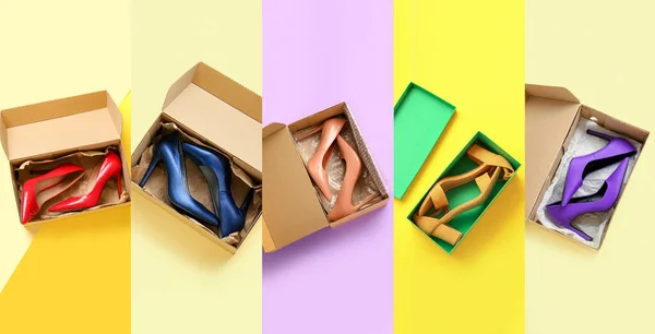 Collage Con Zapatos Elegantes Cajas Sobre Fondo Color Vista Superior — Foto de Stock