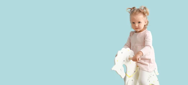Adorable Baby Girl Rocking Horse Light Blue Background Space Text — Stock Photo, Image