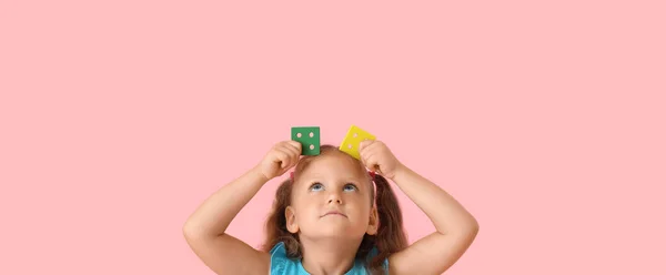 Funny Little Girl Blocks Pink Background — Stock Photo, Image